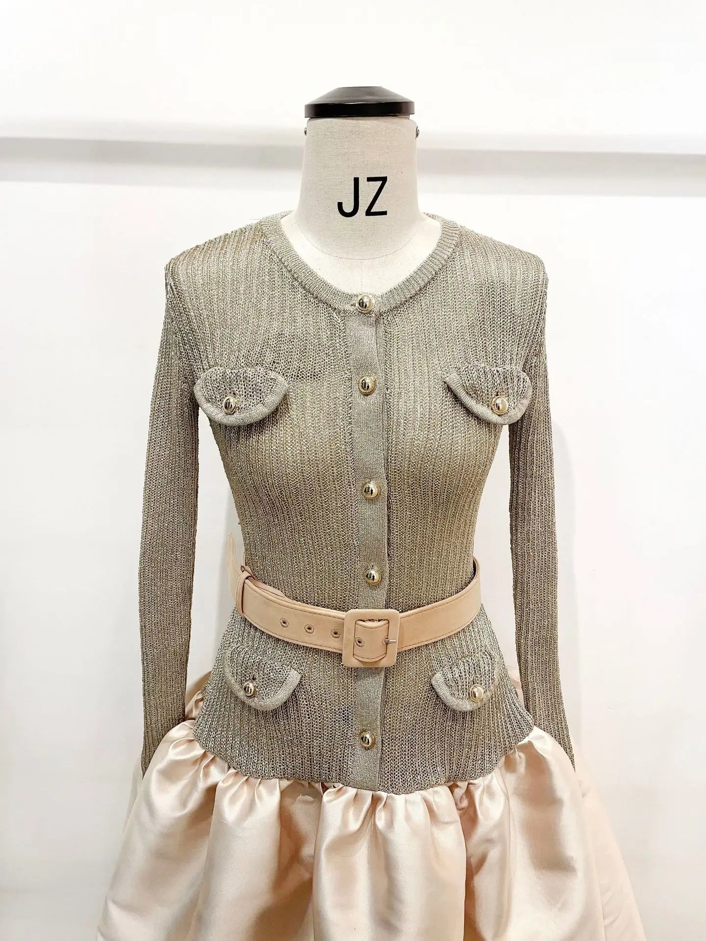 Women's Fitted Patchwork Knit Dress with Belt, Elegant Evening Party Luxury Dress