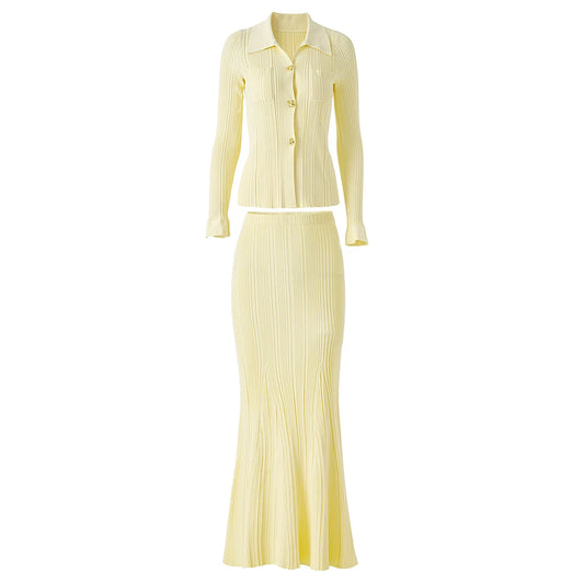 Women Knitted 2PCS Sets Slim Sweater Tops and Long Skirt
