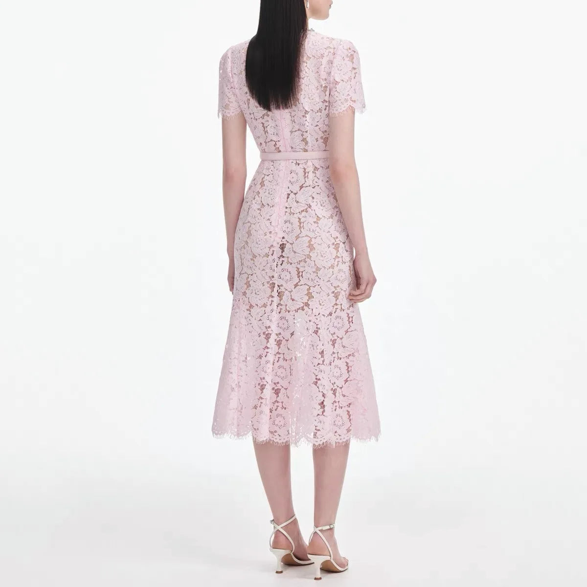 Women's pink lace dress short sleeves bow diamond elegant midi robe