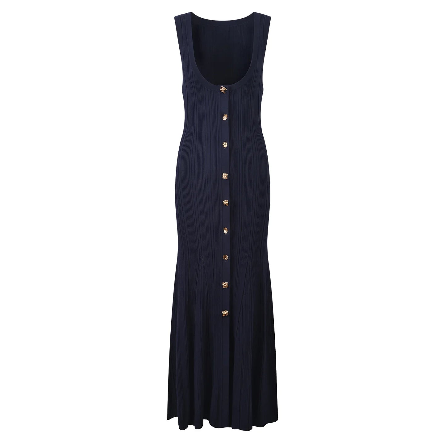 Solid Sleeveless Single-breasted Flared Hem Knit Long Dress For Women