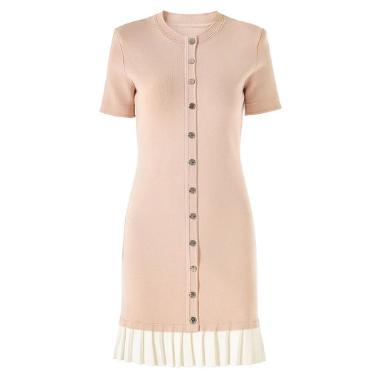 O-neck Short Sleeve Pleated Hem Wear Women Knit Single-breasted Mini Slim Dress
