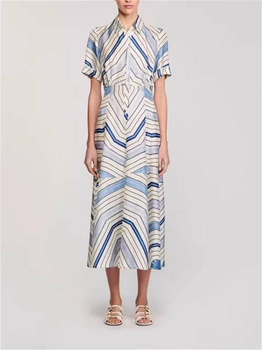 Women's short-sleeved lapel printed colorful dress