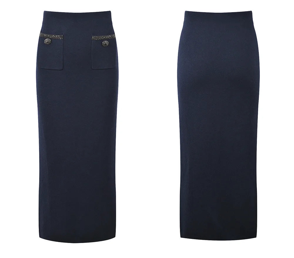 O-neck Short Sleeve Single-breasted Cardigan Long Skirt Women Solid Knit 2Pcs