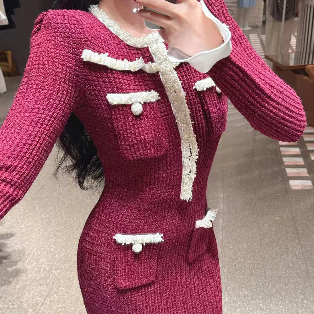 2025 Burgundy Knitted Slim Fit Long-Sleeved Women's Dress, Round Neck, Elegant Chic Woman Evening Dress