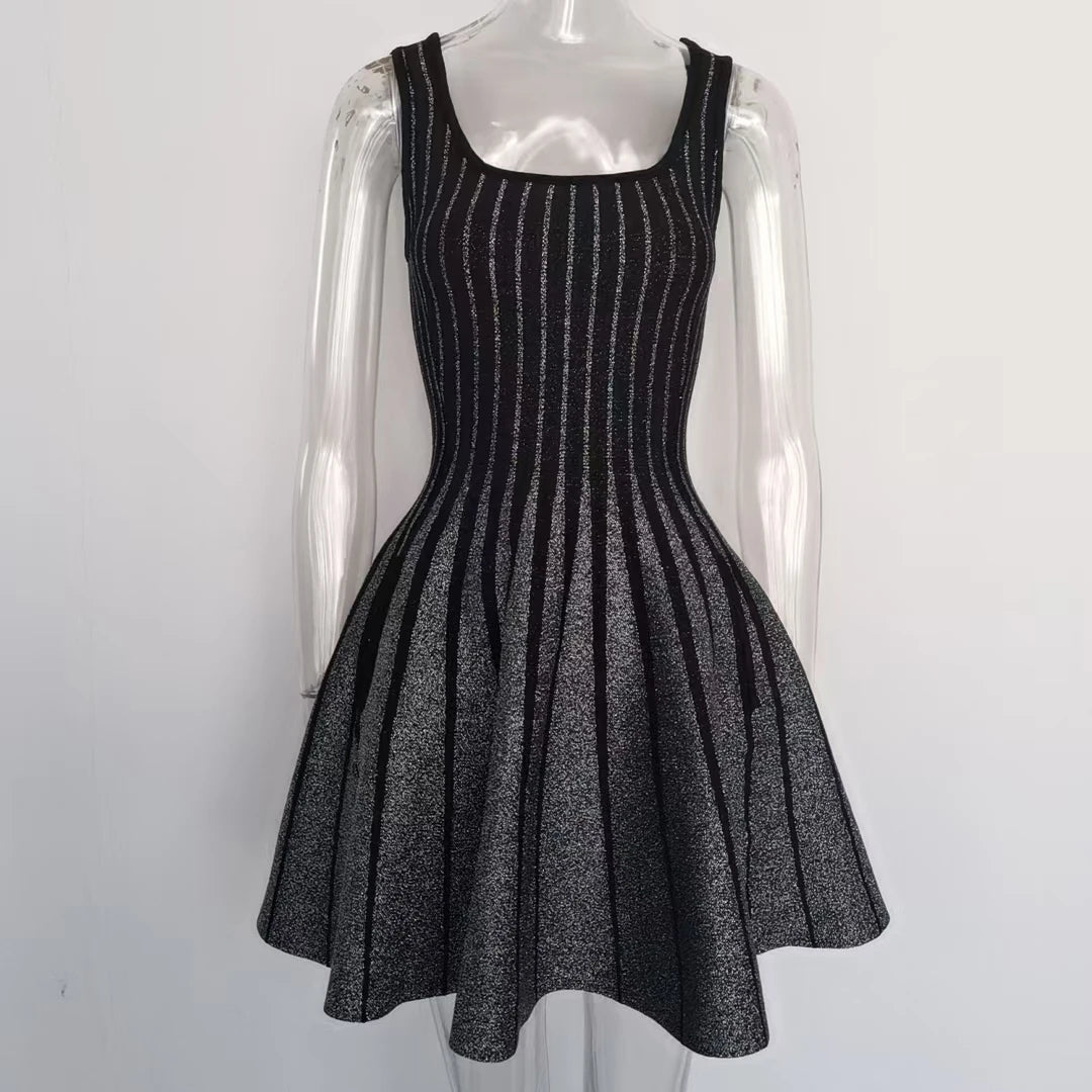 Silver Silk Waist Slimming Strap Dress Light Mature Knitted mini Dress