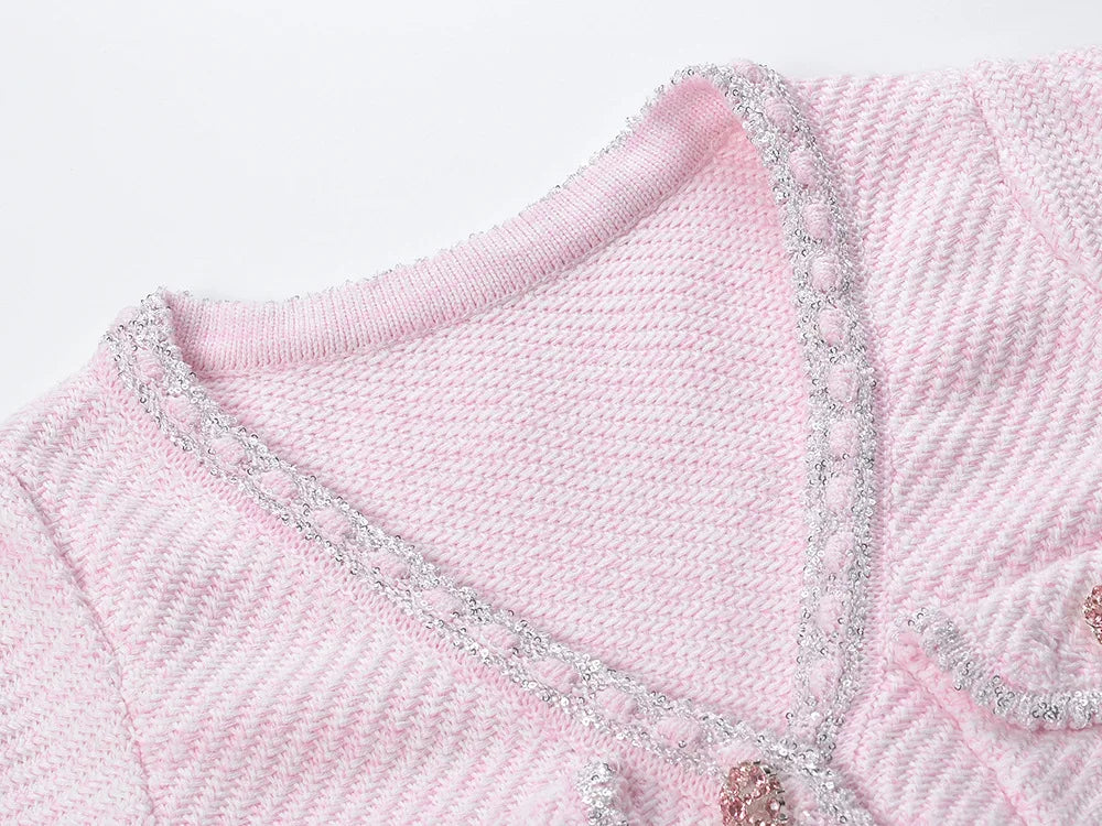 Short Sleeve Rhinestone Single-breasted Wear Women Knit Mini A-line Dress