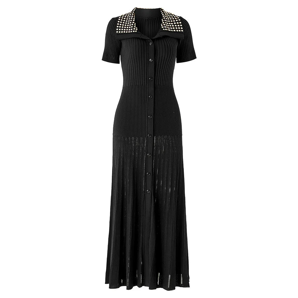 Short Sleeve Women Knit Slim Fitted Flared Hem Maxi Dress