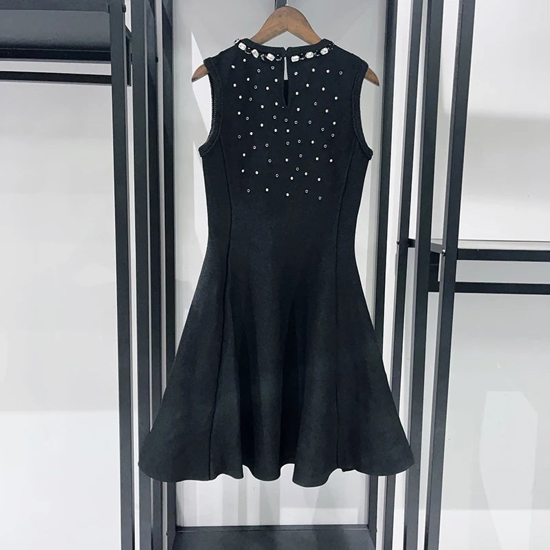 Women Black Diamond O-Neck Mini Dress 2025 Autumn Sleeveless Lady High Waist A-Line Short Robe