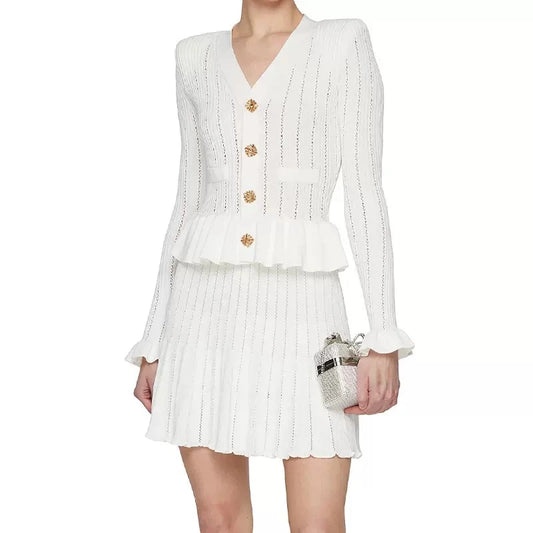 Women's white V-neck long-sleeved knitted mini dress
