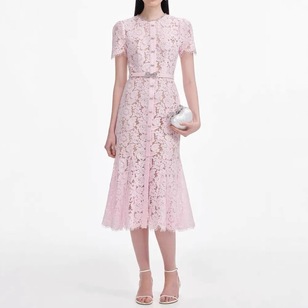 Women's pink lace dress short sleeves bow diamond elegant midi robe
