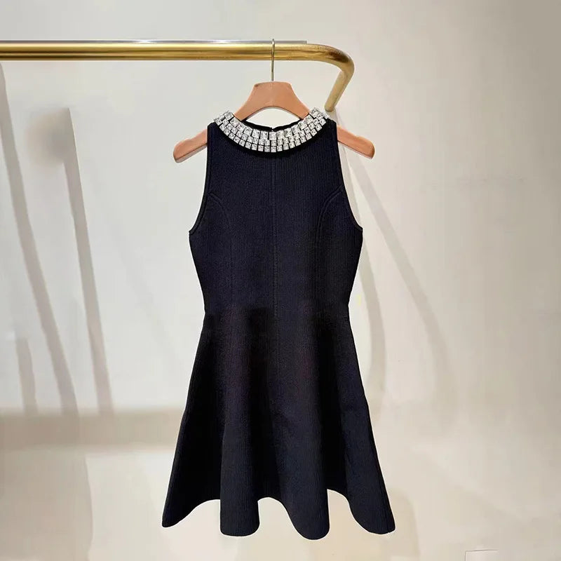 Women's black diamond studded knitted round neck dress