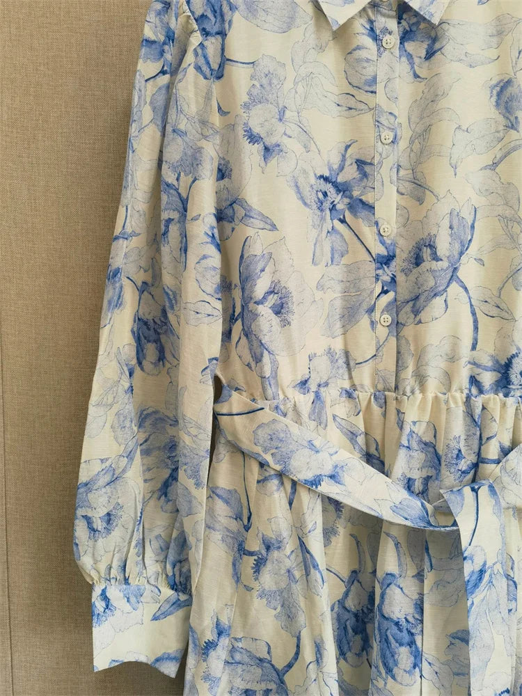 Women Single-Breasted Shirt Dress Blue Print Ladies Mini Dress