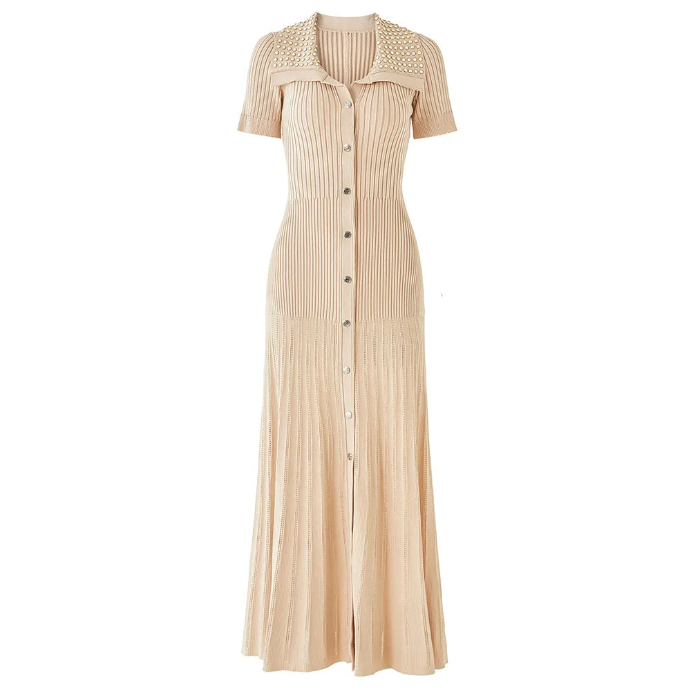 Short Sleeve Women Knit Slim Fitted Flared Hem Maxi Dress