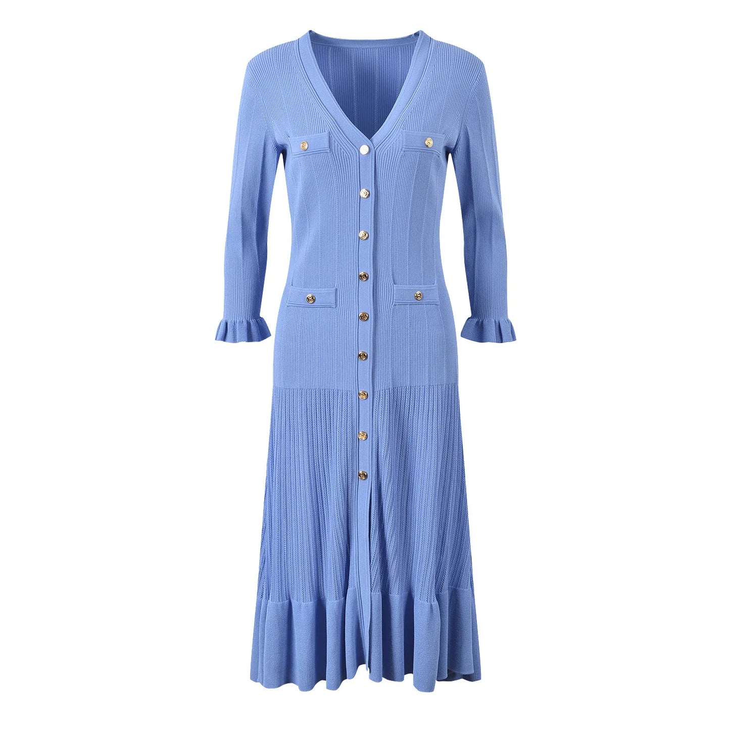Single-breasted V-neckline Ladies Fashion Maxi Long Solid Dresses