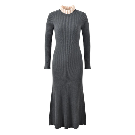 Patchwork Ruffles Collar Long Sleeve Flared Hem Solid Knits Maxi Dress For Women