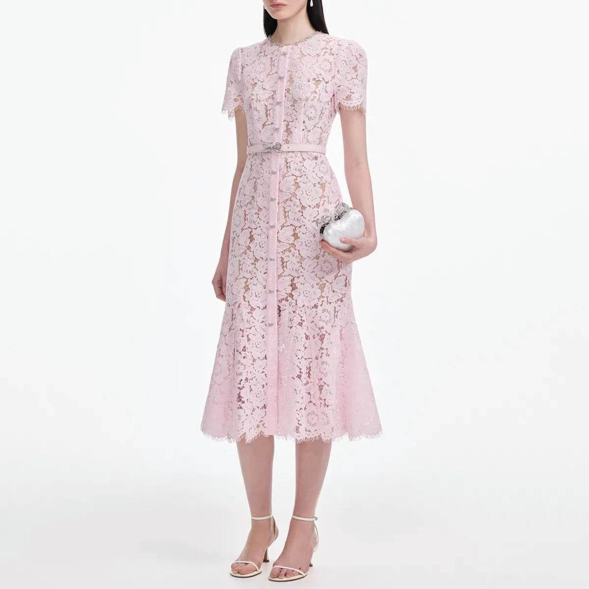 Women's pink lace dress short sleeves bow diamond elegant midi robe