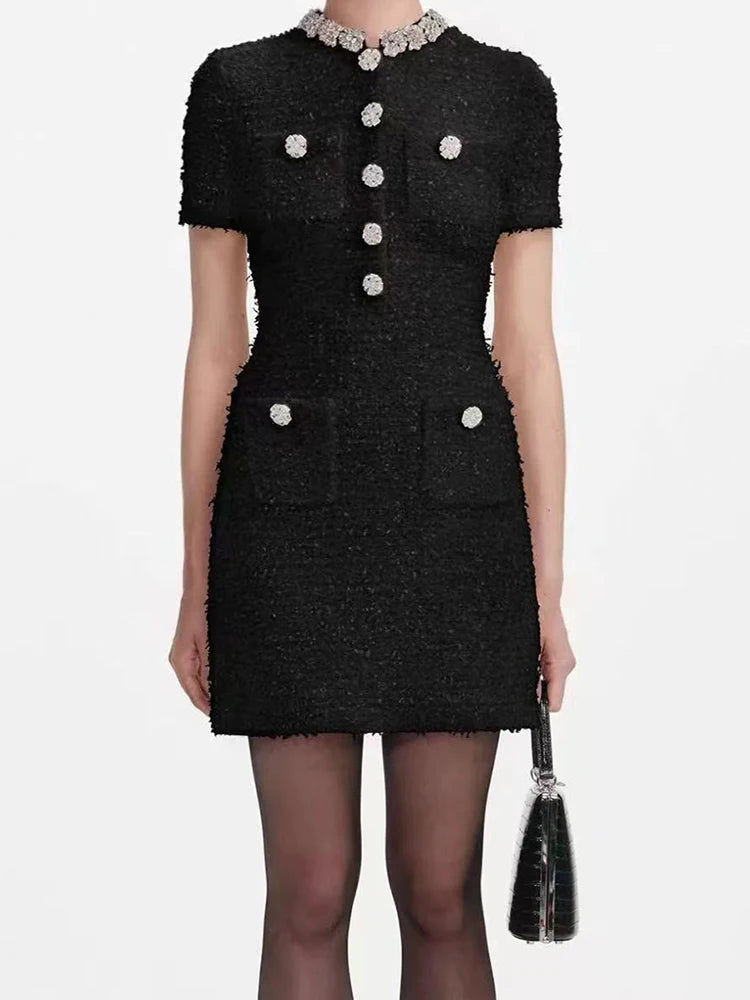 Women's short sleeved round neck diamond studded mini dress
