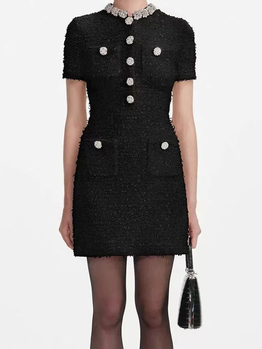 Women's short sleeved round neck diamond studded mini dress