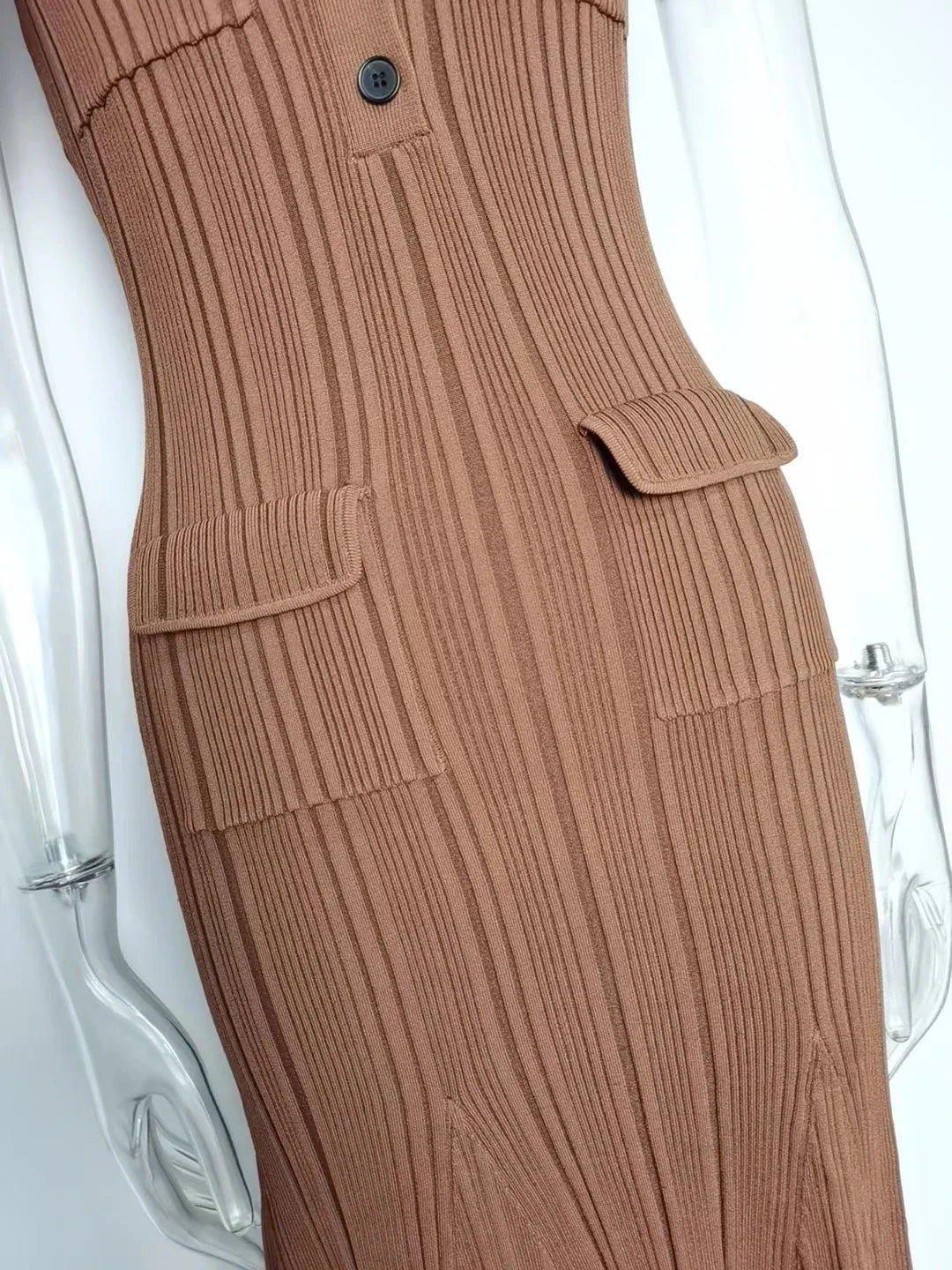 Short Sleeve Maxi Long Brown Knitted Vinatge Women Dress