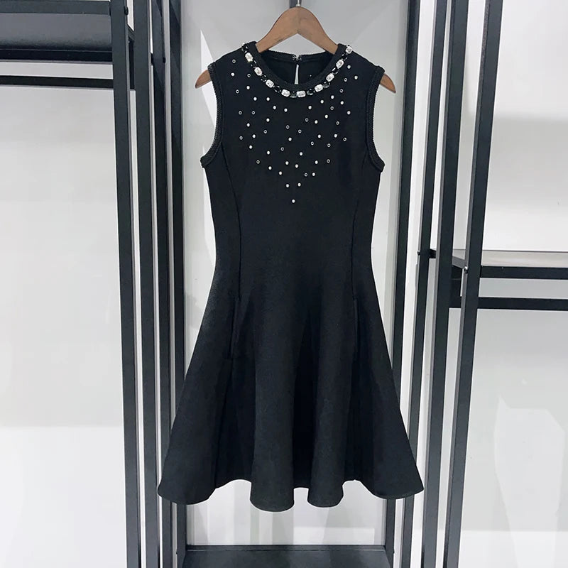 Women Black Diamond O-Neck Mini Dress 2025 Autumn Sleeveless Lady High Waist A-Line Short Robe