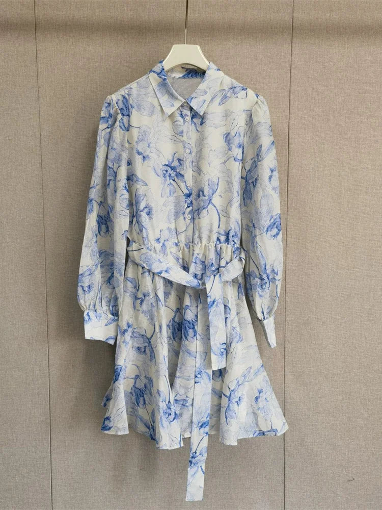Women Single-Breasted Shirt Dress Blue Print Ladies Mini Dress