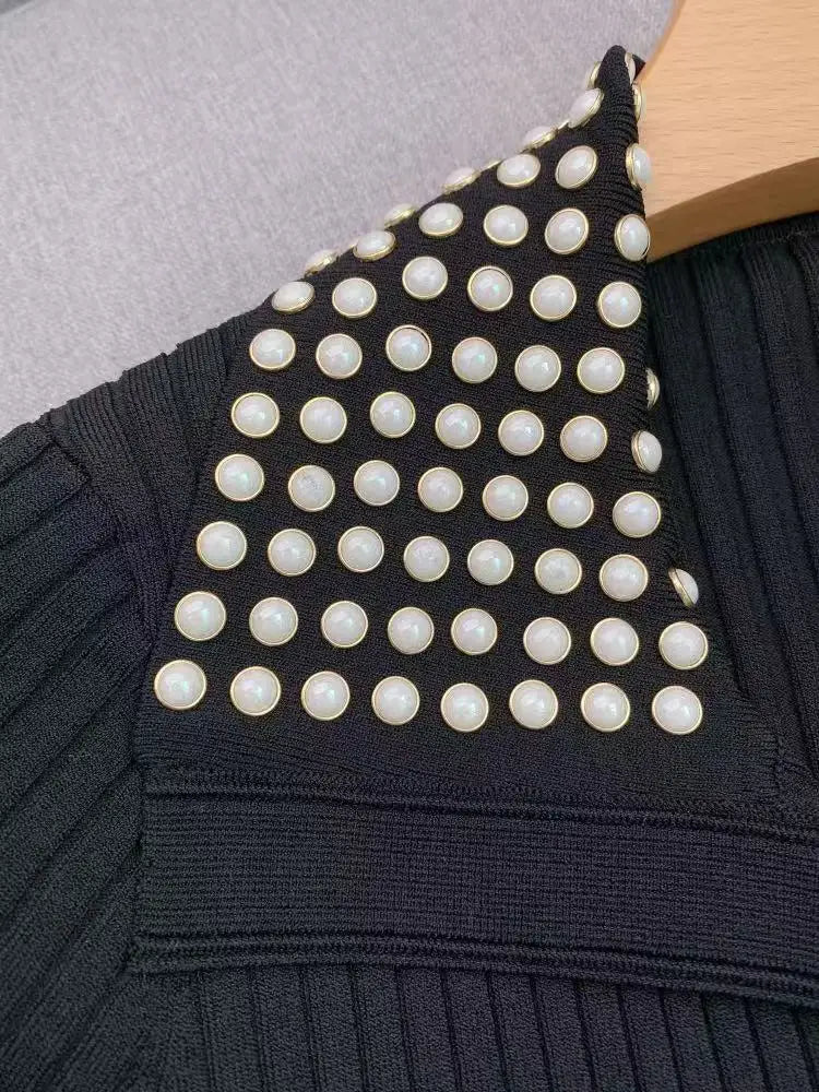 Women's black lapel short-sleeved knitted dress