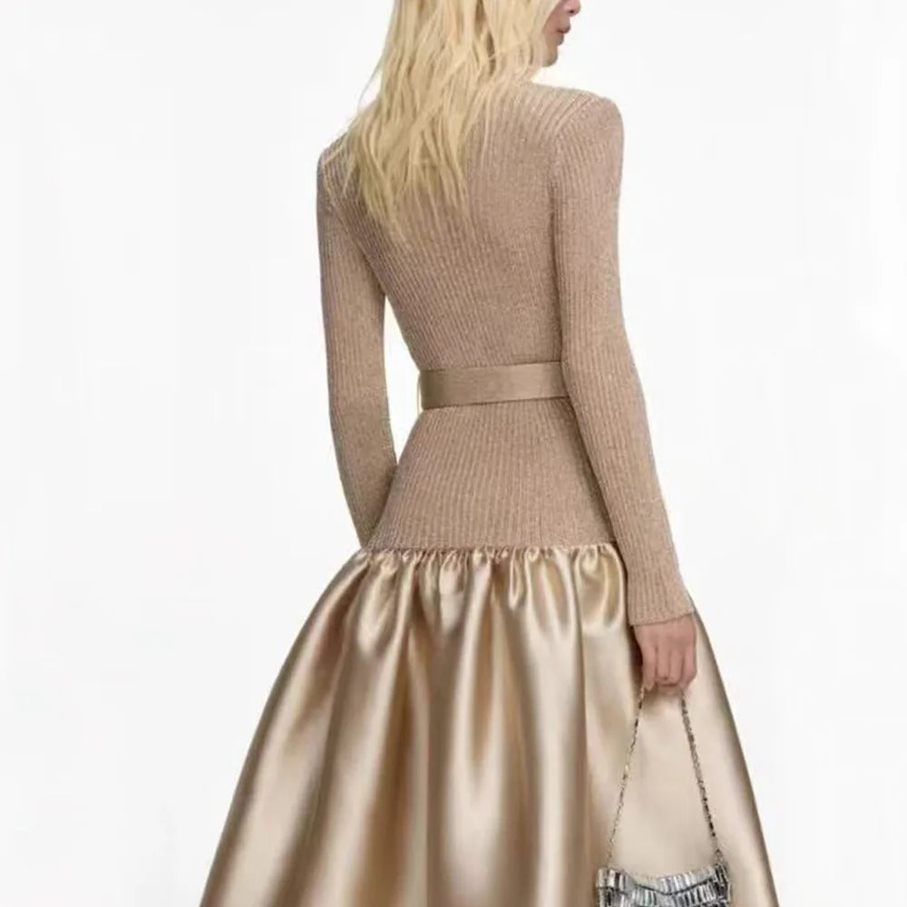 Women's Fitted Patchwork Knit Dress with Belt, Elegant Evening Party Luxury Dress