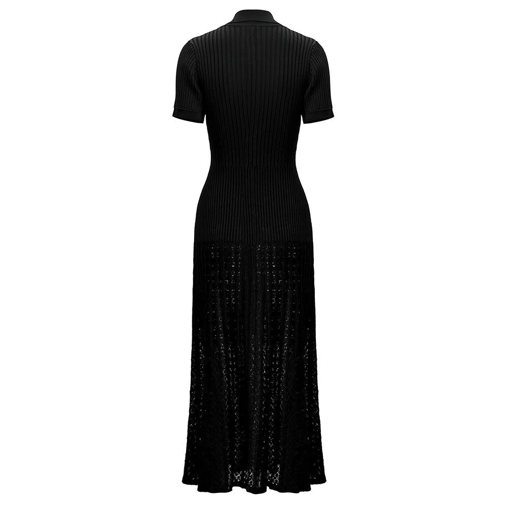 Short Sleeve Single-breasted Polo Neck Ladies Fit And Flared Maxi Long Solid Dresses