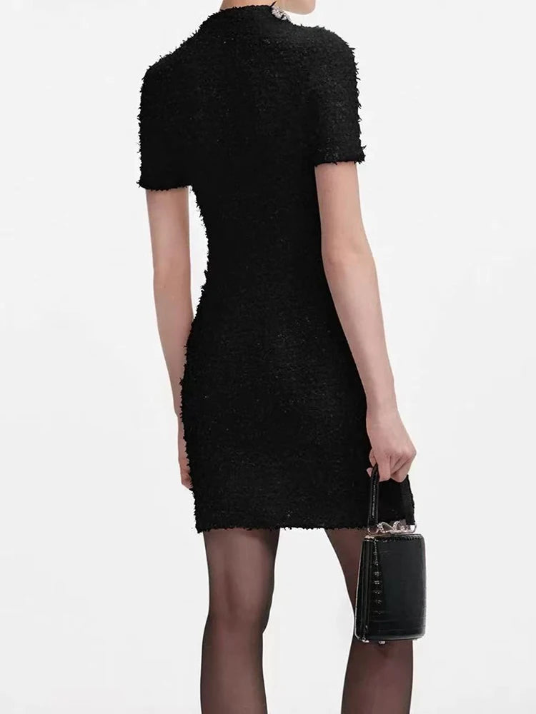 Women's short sleeved round neck diamond studded mini dress