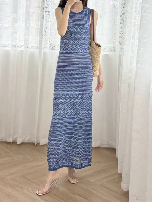 Summer  Women Hollow Out Sleeveless O-Neck Slim Midi Robe