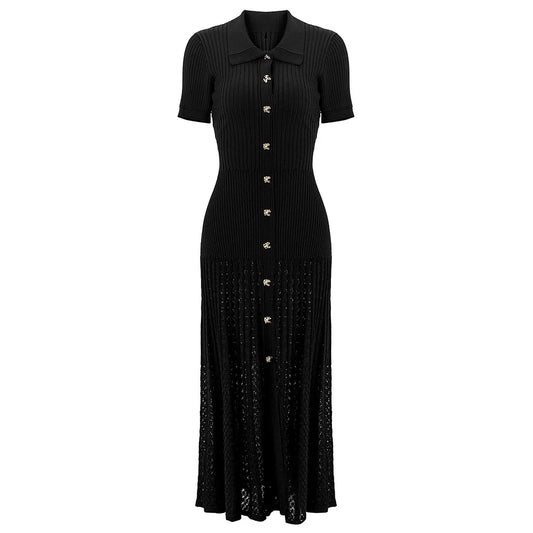 Short Sleeve Single-breasted Polo Neck Ladies Fit And Flared Maxi Long Solid Dresses