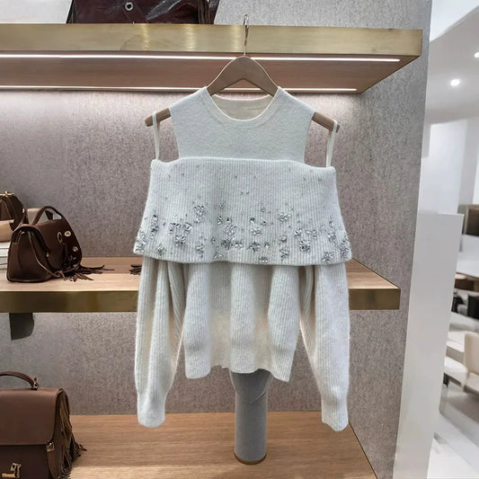 Diamond Decoration Women's Sexy Off Shoulder Knit Sweater