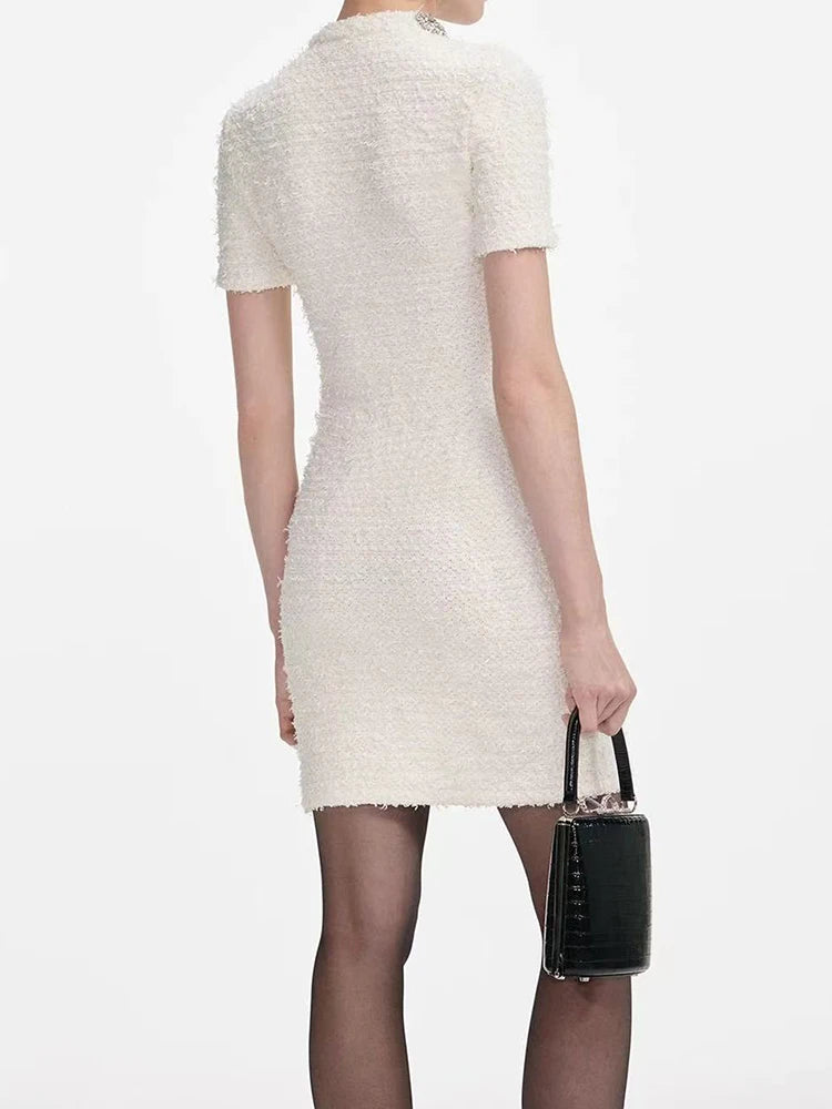 Women's short sleeved round neck diamond studded mini dress