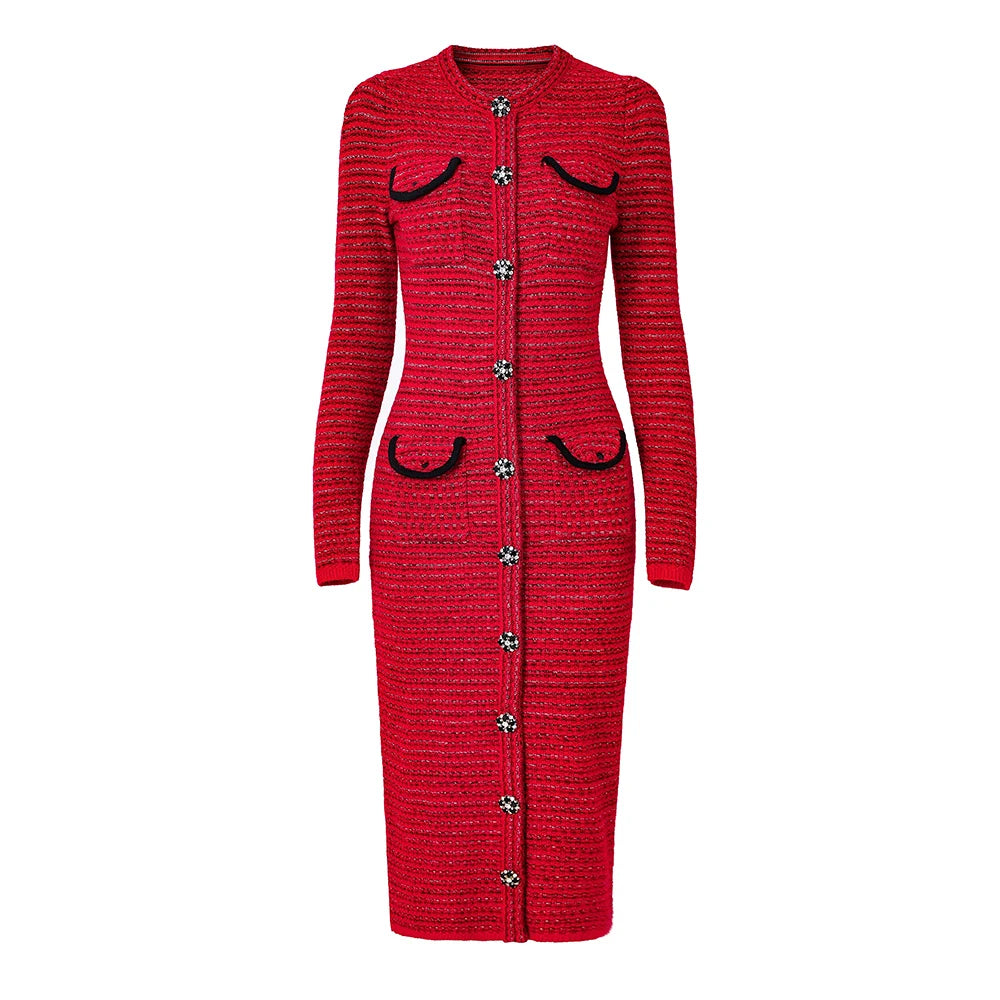 Women's red single-breasted knitted maxi dress