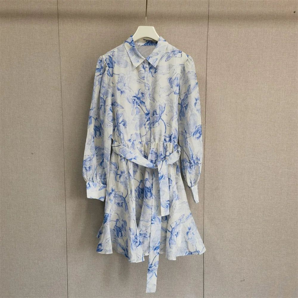Women Single-Breasted Shirt Dress Blue Print Ladies Mini Dress
