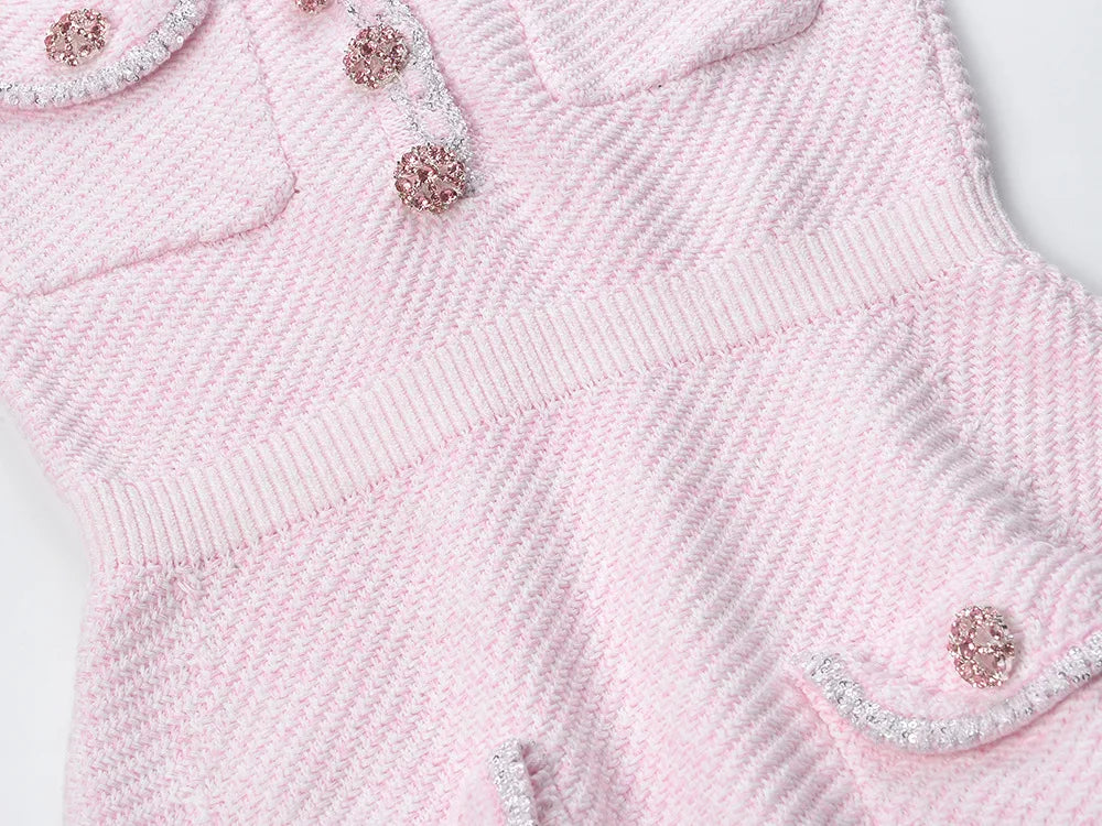 Short Sleeve Rhinestone Single-breasted Wear Women Knit Mini A-line Dress