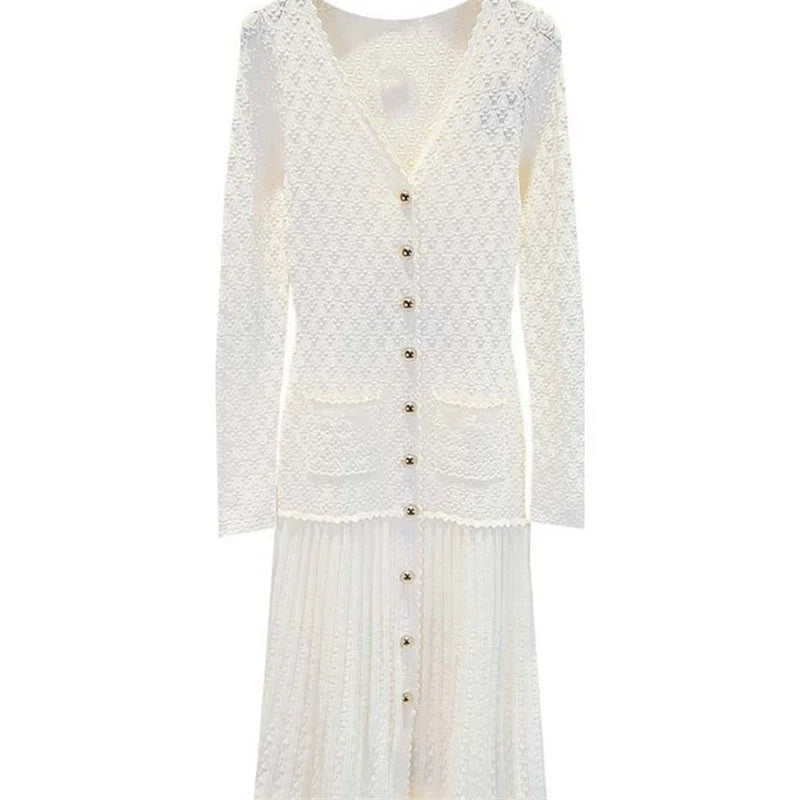 Women's white V-neck knitted dress