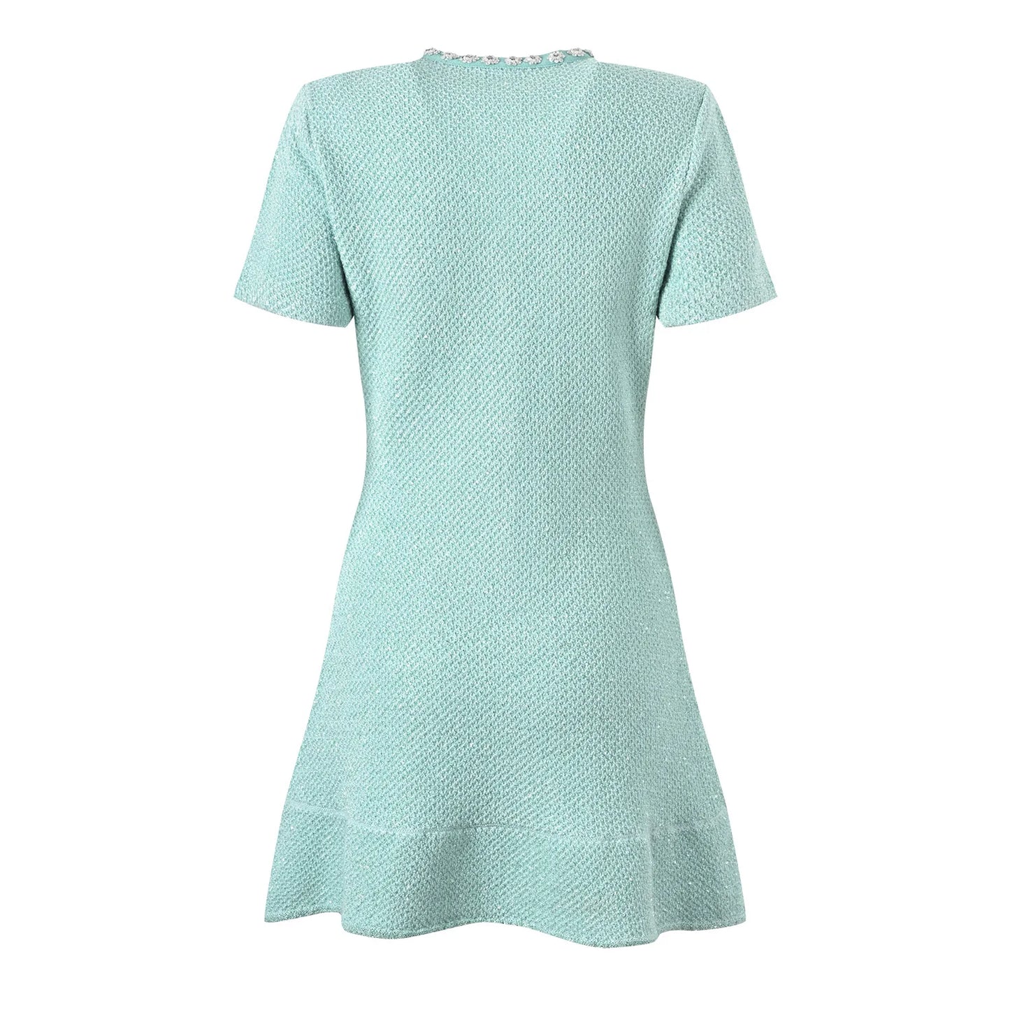 O-neck Short Sleeve Rhinestone Beads Wear Women Knit Mini Sequined A-line Dress