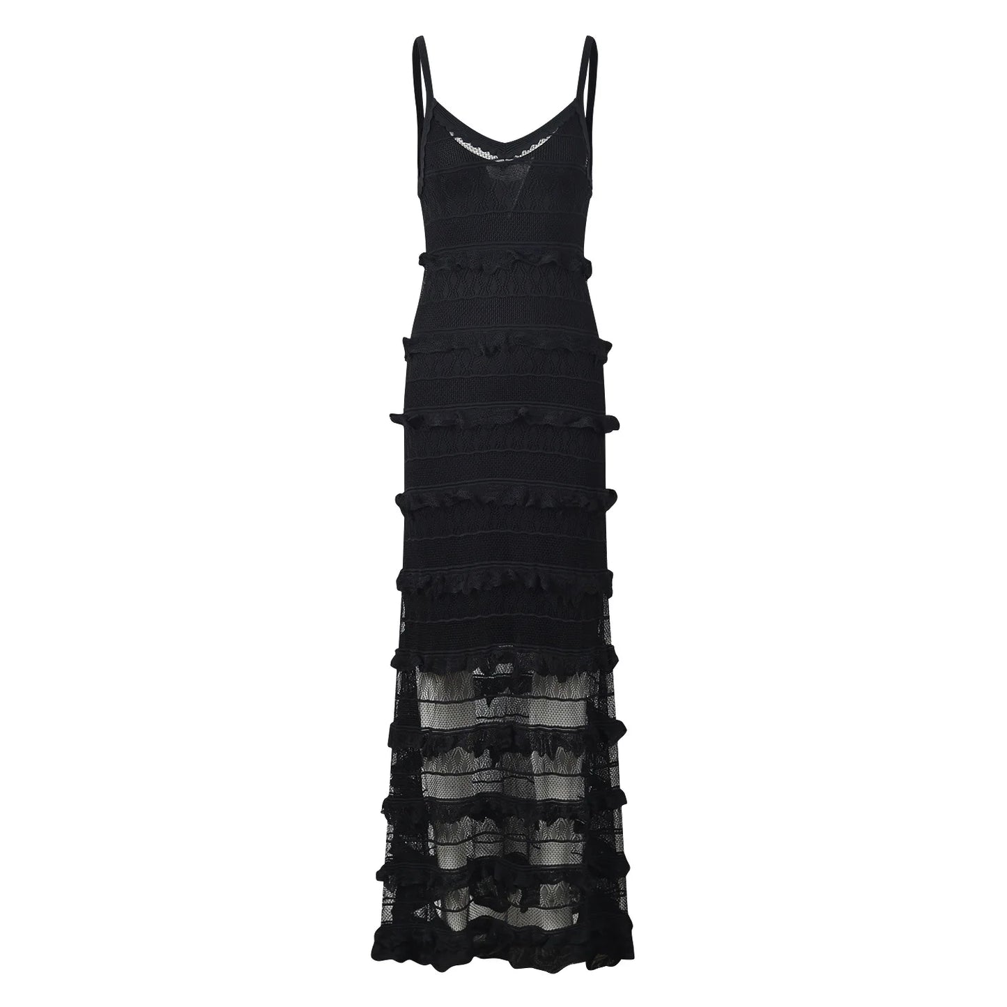 V-neckline Elegant Style Flounce Women Long Slip Dress Black