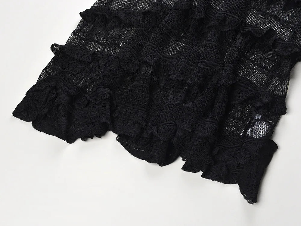 V-neckline Elegant Style Flounce Women Long Slip Dress Black