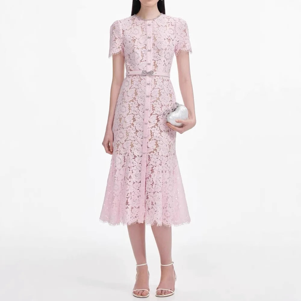 Women's pink lace dress short sleeves bow diamond elegant midi robe