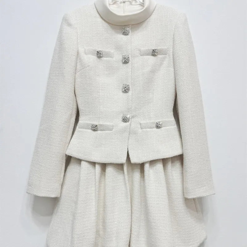 2026 Elegant Diamond Buttons Stand Collar Long Sleeved Flower Bud Short Robe Female Vintage Style