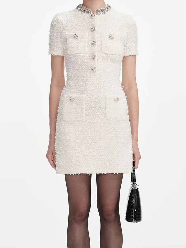 Women's short sleeved round neck diamond studded mini dress