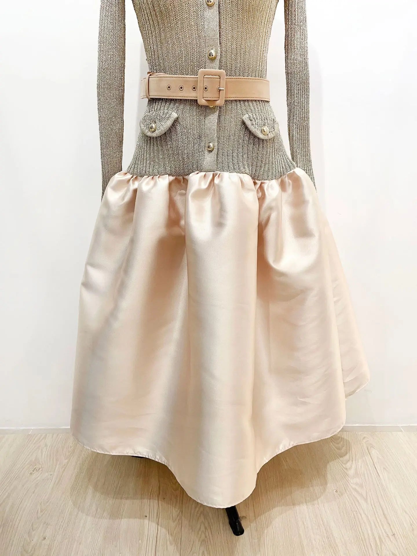 Women's Fitted Patchwork Knit Dress with Belt, Elegant Evening Party Luxury Dress
