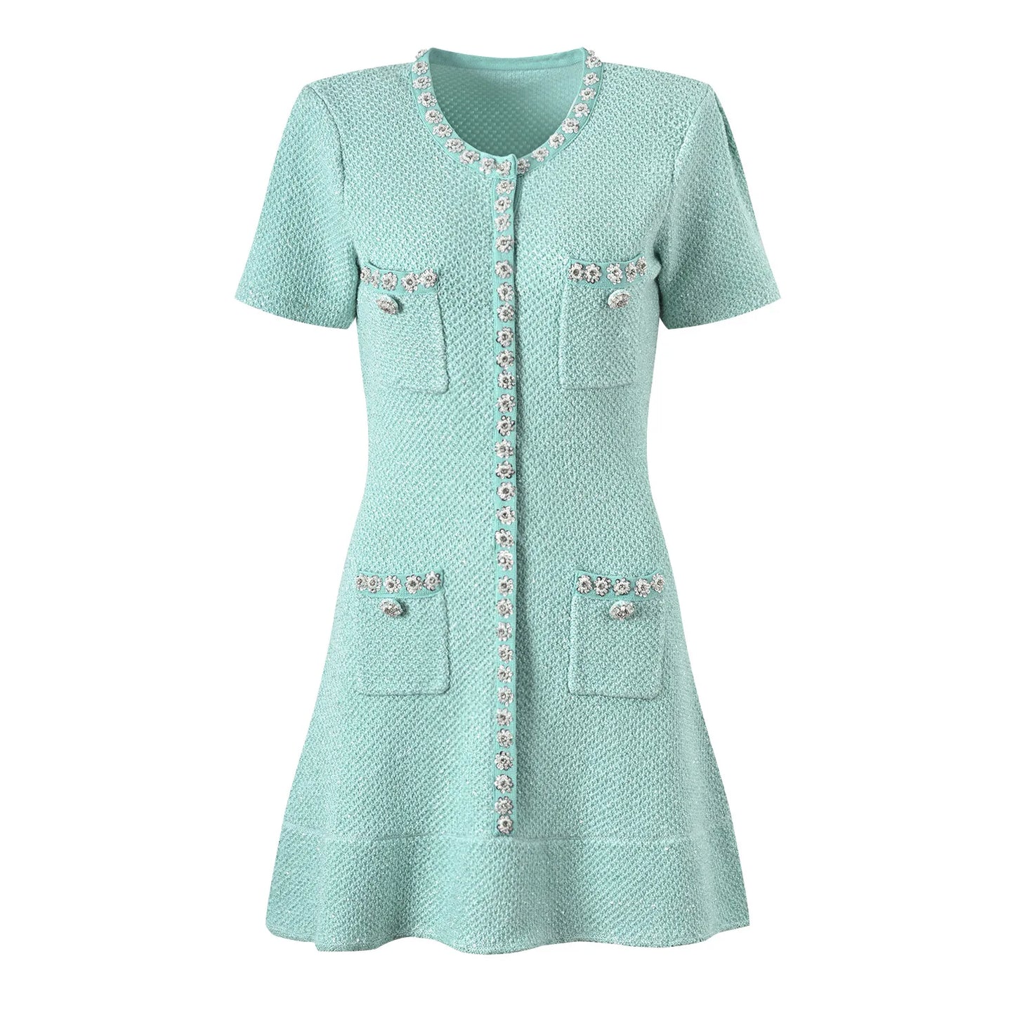 O-neck Short Sleeve Rhinestone Beads Wear Women Knit Mini Sequined A-line Dress