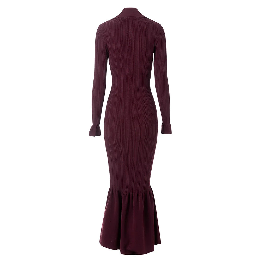Women Knit Slim Fitted Flared Hem Maxi Dress