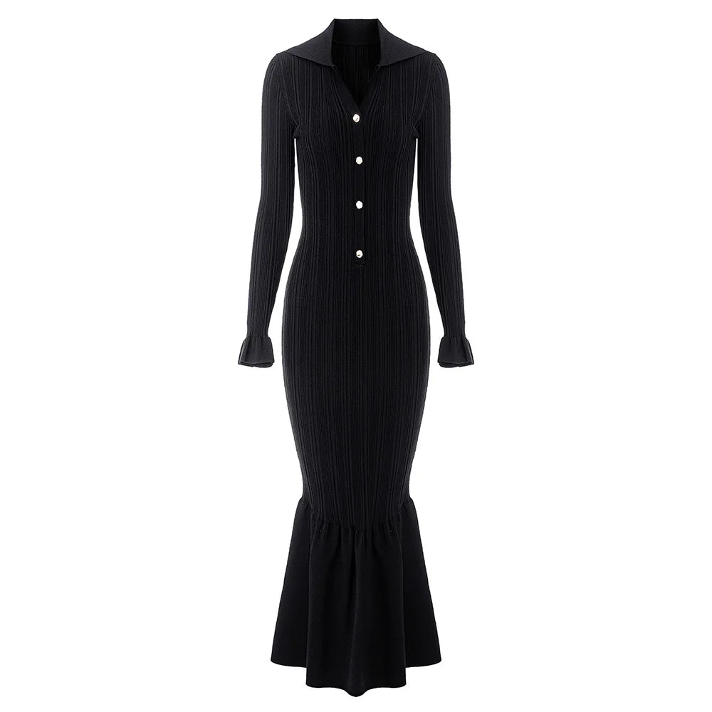 Women Knit Slim Fitted Flared Hem Maxi Dress