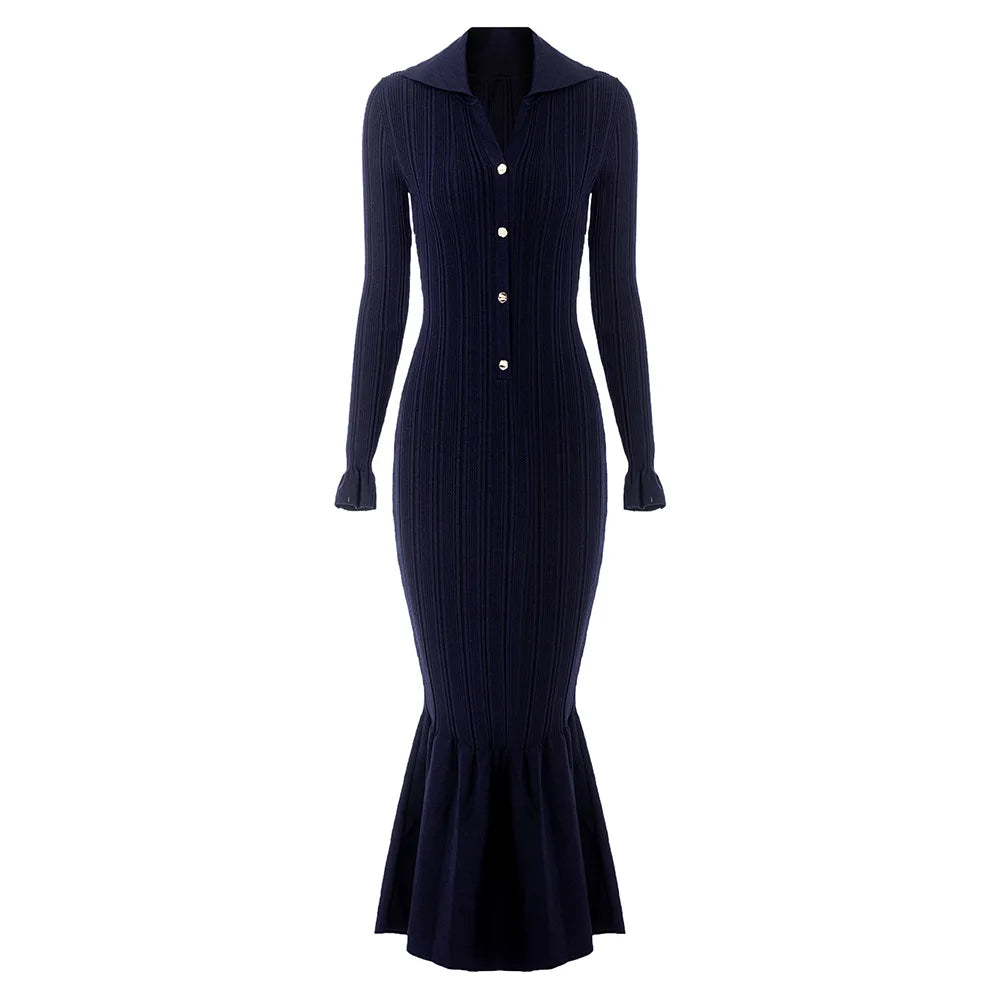Women Knit Slim Fitted Flared Hem Maxi Dress