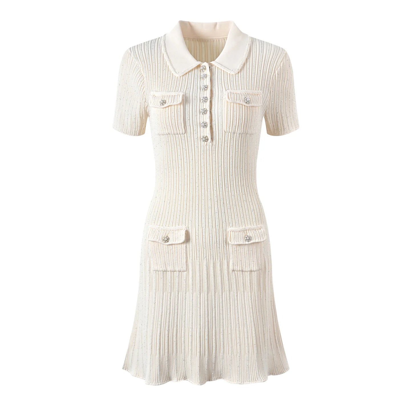 Short Sleeve Women Knit Sequin Slim Fitted Flounced Short Solid Dress