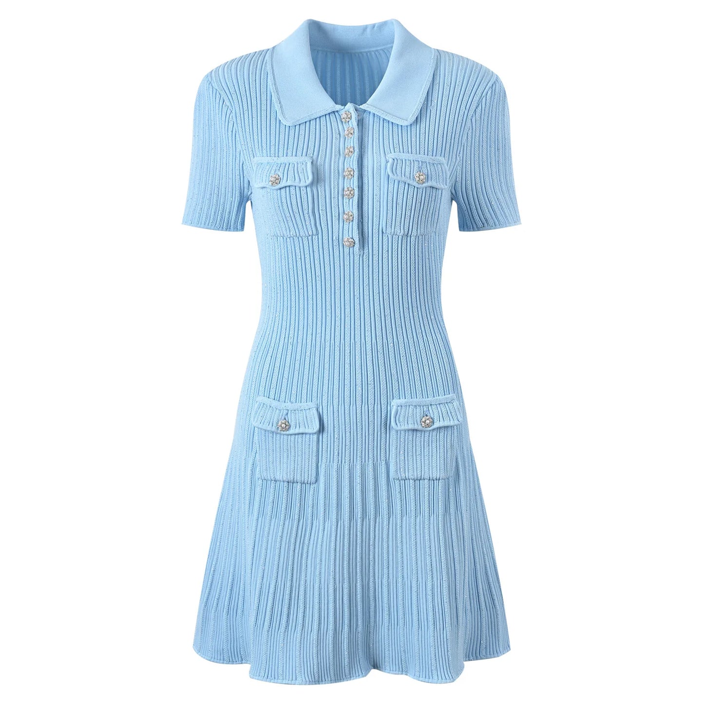 Short Sleeve Women Knit Sequin Slim Fitted Flounced Short Solid Dress
